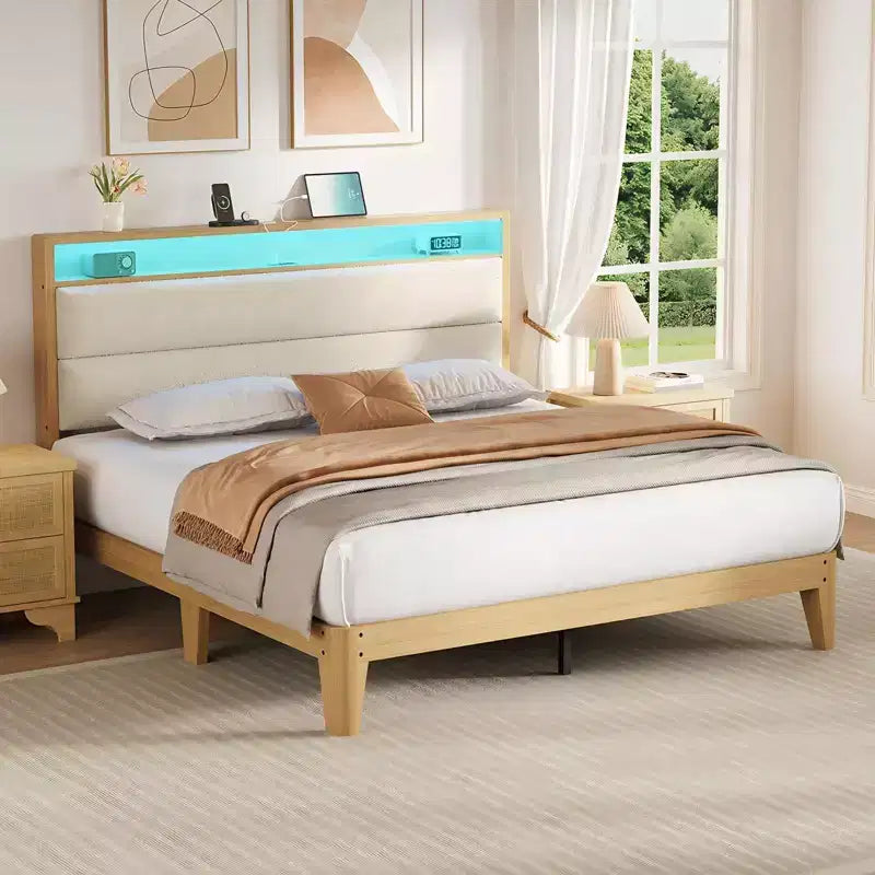 Queen Size Bed Frame, Boucle Platform Bed Frame with LED Lights, Upholstered Headboard with Built-in Charging Station, No Box Spring Needed, Cream