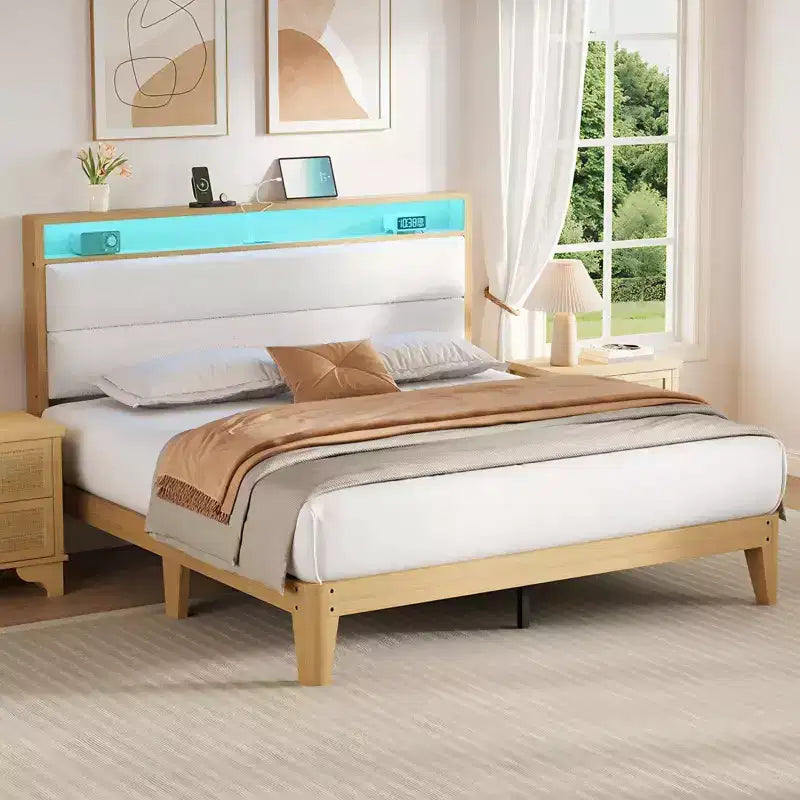 Cadre de lit Queen Size, Cadre de lit plateforme en boucle avec lumières LED, Tête de lit rembourrée avec station de charge intégrée, Pas besoin de sommier tapissier, Crème