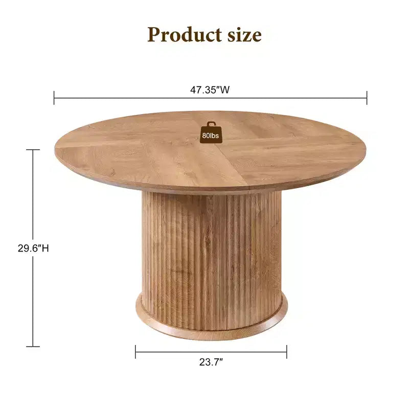 Table de salle à manger ronde cannelée moderne de 120 cm pour 4 à 6 personnes, avec bord épaissi et base cylindrique pour salle à manger, cuisine, salon