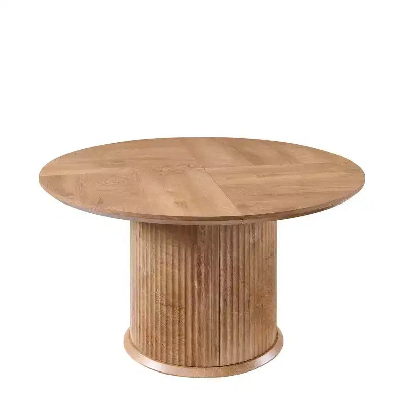 Table de salle à manger ronde cannelée moderne de 120 cm pour 4 à 6 personnes, avec bord épaissi et base cylindrique pour salle à manger, cuisine, salon