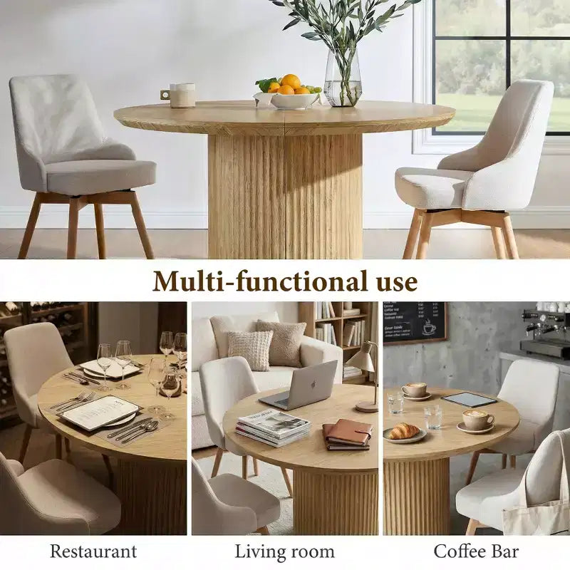 Table de salle à manger ronde cannelée moderne de 120 cm pour 4 à 6 personnes, avec bord épaissi et base cylindrique pour salle à manger, cuisine, salon
