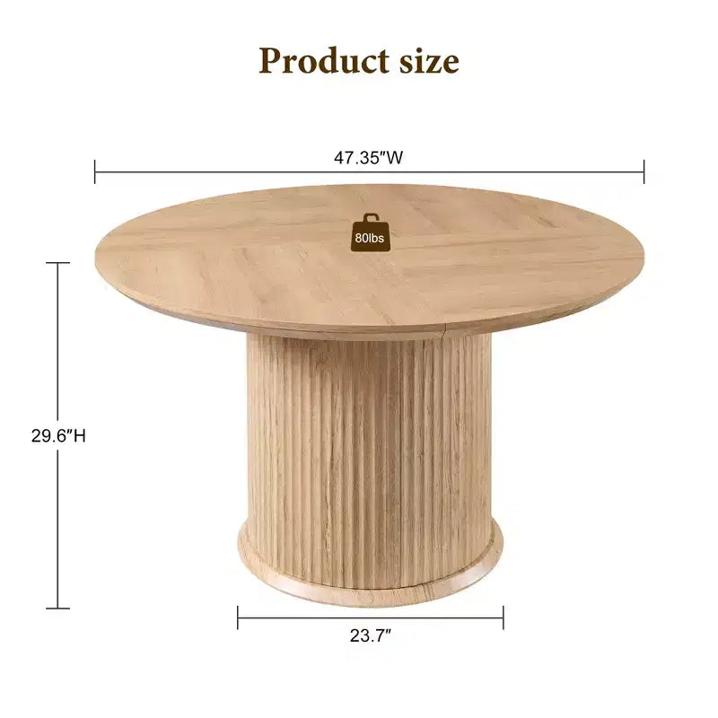 Table de salle à manger ronde cannelée moderne de 120 cm pour 4 à 6 personnes, avec bord épaissi et base cylindrique pour salle à manger, cuisine, salon