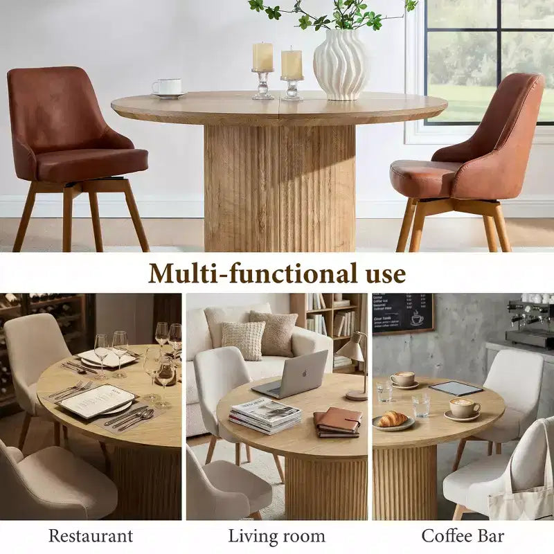 Table de salle à manger ronde cannelée moderne de 120 cm pour 4 à 6 personnes, avec bord épaissi et base cylindrique pour salle à manger, cuisine, salon