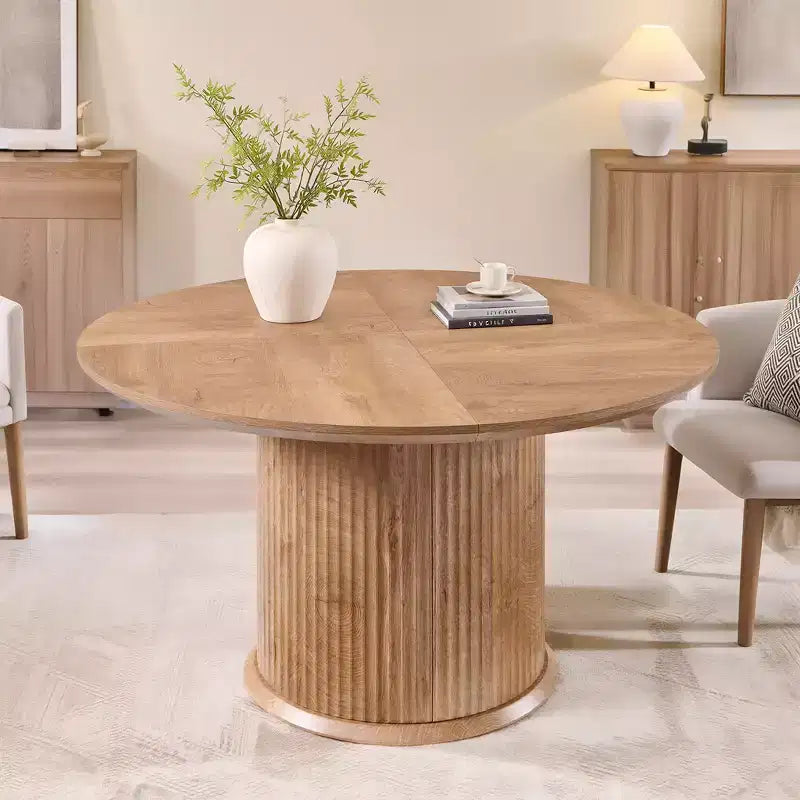 Table de salle à manger ronde cannelée moderne de 120 cm pour 4 à 6 personnes, avec bord épaissi et base cylindrique pour salle à manger, cuisine, salon