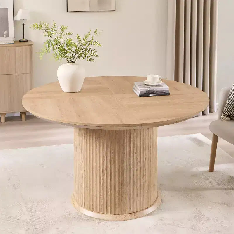 Table de salle à manger ronde cannelée moderne de 120 cm pour 4 à 6 personnes, avec bord épaissi et base cylindrique pour salle à manger, cuisine, salon
