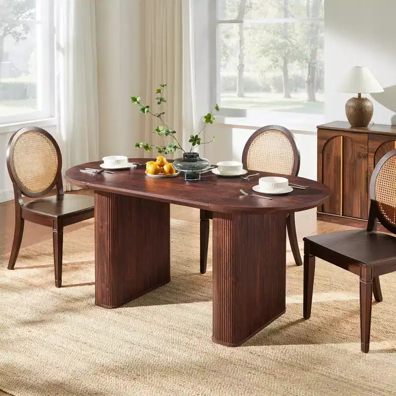 Table de cuisine moderne, table à manger ovale cannelée de 160 cm pour 4-6 personnes, avec bord épaissi et piétement central rayé, pour salle à manger/cuisine/bureau à domicile