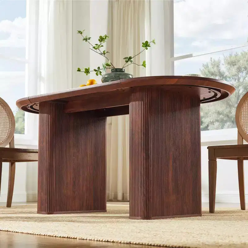 Table de cuisine moderne, table à manger ovale cannelée de 160 cm pour 4-6 personnes, avec bord épaissi et piétement central rayé, pour salle à manger/cuisine/bureau à domicile