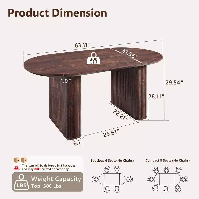 Table de cuisine moderne, table à manger ovale cannelée de 160 cm pour 4-6 personnes, avec bord épaissi et piétement central rayé, pour salle à manger/cuisine/bureau à domicile