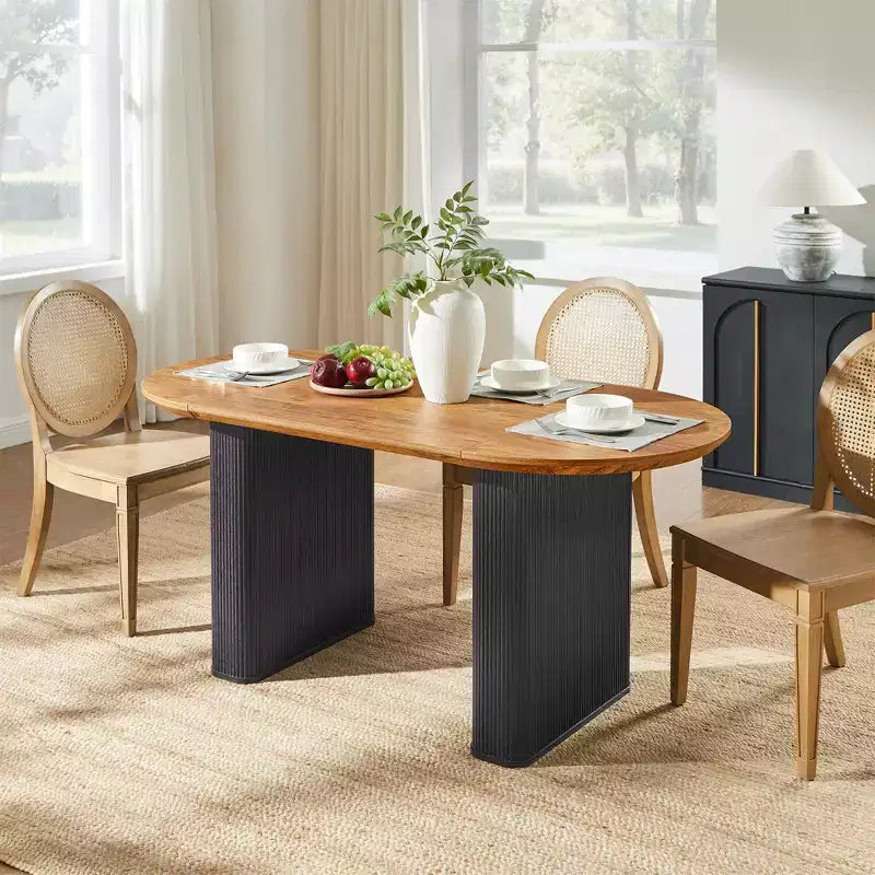 Table de cuisine moderne, table à manger ovale cannelée de 160 cm pour 4-6 personnes, avec bord épaissi et piétement central rayé, pour salle à manger/cuisine/bureau à domicile