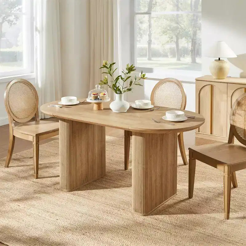 Table de cuisine moderne, table à manger ovale cannelée de 160 cm pour 4-6 personnes, avec bord épaissi et piétement central rayé, pour salle à manger/cuisine/bureau à domicile