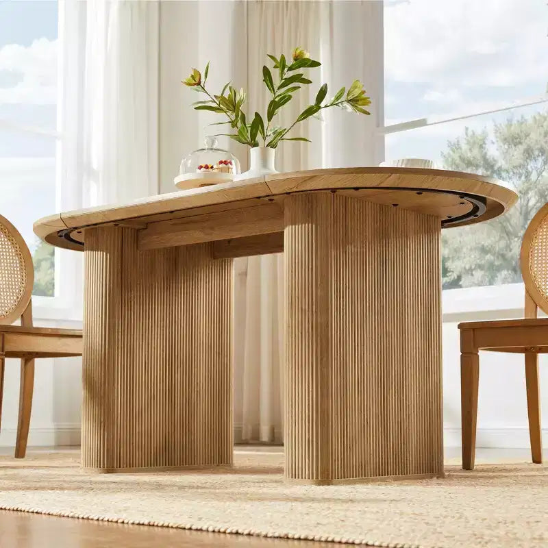 Table de cuisine moderne, table à manger ovale cannelée de 160 cm pour 4-6 personnes, avec bord épaissi et piétement central rayé, pour salle à manger/cuisine/bureau à domicile