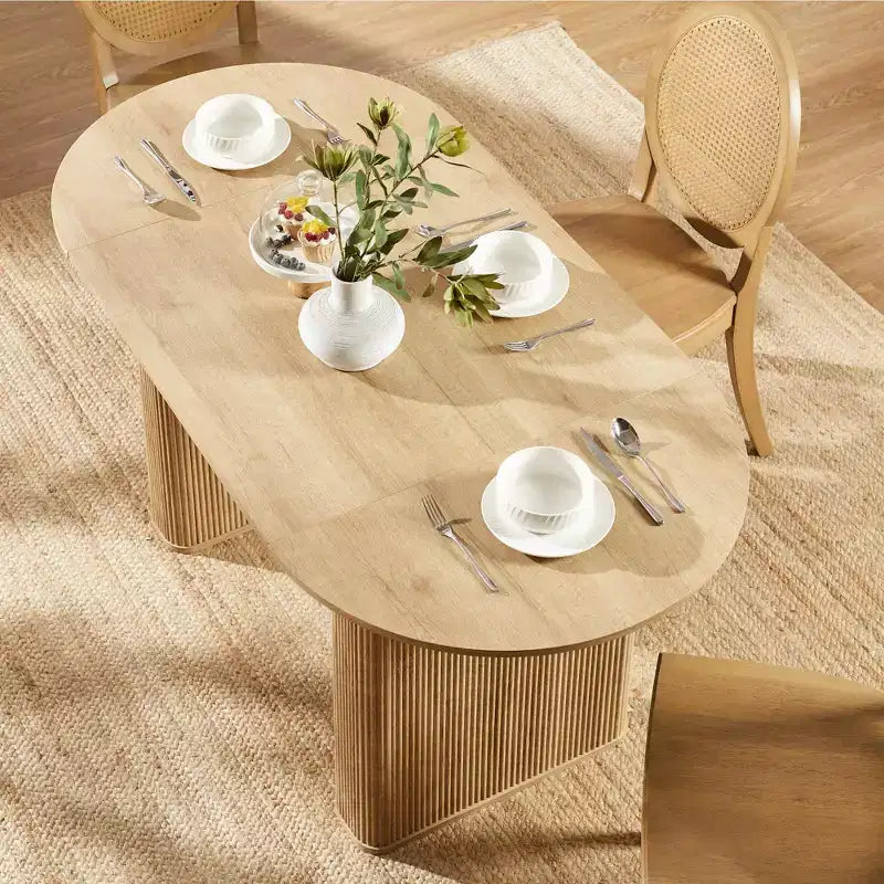 Table de cuisine moderne, table à manger ovale cannelée de 160 cm pour 4-6 personnes, avec bord épaissi et piétement central rayé, pour salle à manger/cuisine/bureau à domicile