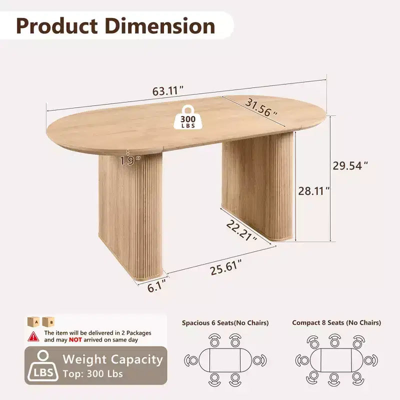 Table de cuisine moderne, table à manger ovale cannelée de 160 cm pour 4-6 personnes, avec bord épaissi et piétement central rayé, pour salle à manger/cuisine/bureau à domicile