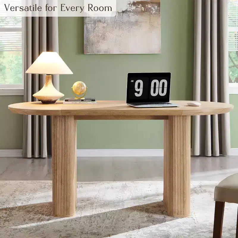 Table de cuisine moderne, table à manger ovale cannelée de 160 cm pour 4-6 personnes, avec bord épaissi et piétement central rayé, pour salle à manger/cuisine/bureau à domicile