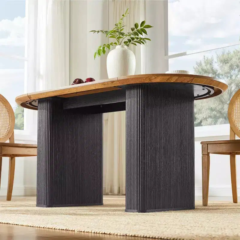 Table de cuisine moderne, table à manger ovale cannelée de 160 cm pour 4-6 personnes, avec bord épaissi et piétement central rayé, pour salle à manger/cuisine/bureau à domicile
