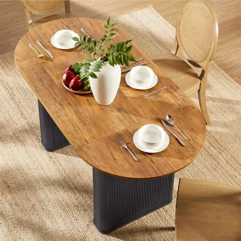 Table de cuisine moderne, table à manger ovale cannelée de 160 cm pour 4-6 personnes, avec bord épaissi et piétement central rayé, pour salle à manger/cuisine/bureau à domicile
