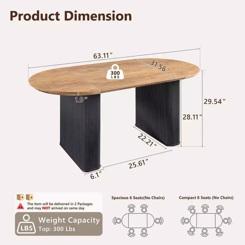 Table de cuisine moderne, table à manger ovale cannelée de 160 cm pour 4-6 personnes, avec bord épaissi et piétement central rayé, pour salle à manger/cuisine/bureau à domicile
