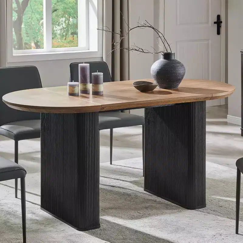 Table de cuisine moderne, table à manger ovale cannelée de 160 cm pour 4-6 personnes, avec bord épaissi et piétement central rayé, pour salle à manger/cuisine/bureau à domicile