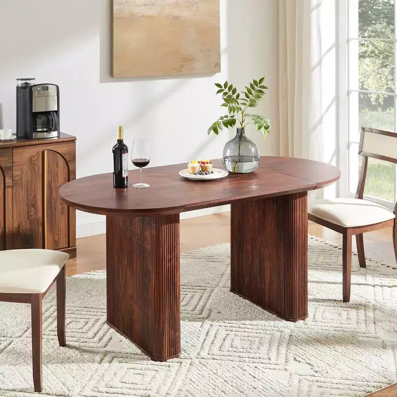 Table de cuisine moderne, table à manger ovale cannelée de 160 cm pour 4-6 personnes, avec bord épaissi et piétement central rayé, pour salle à manger/cuisine/bureau à domicile