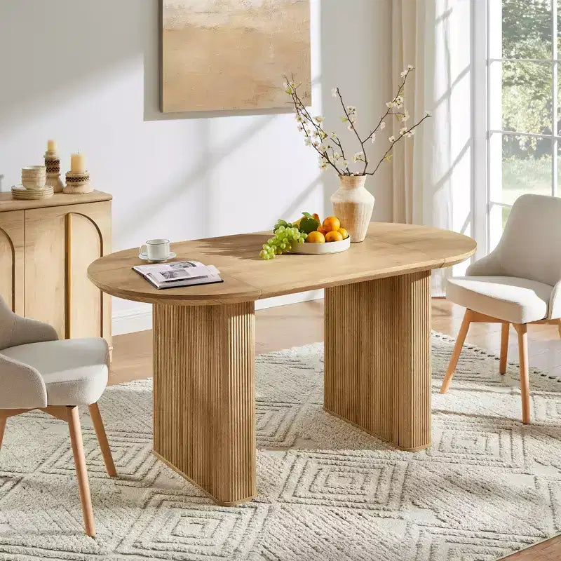 Table de cuisine moderne, table à manger ovale cannelée de 160 cm pour 4-6 personnes, avec bord épaissi et piétement central rayé, pour salle à manger/cuisine/bureau à domicile
