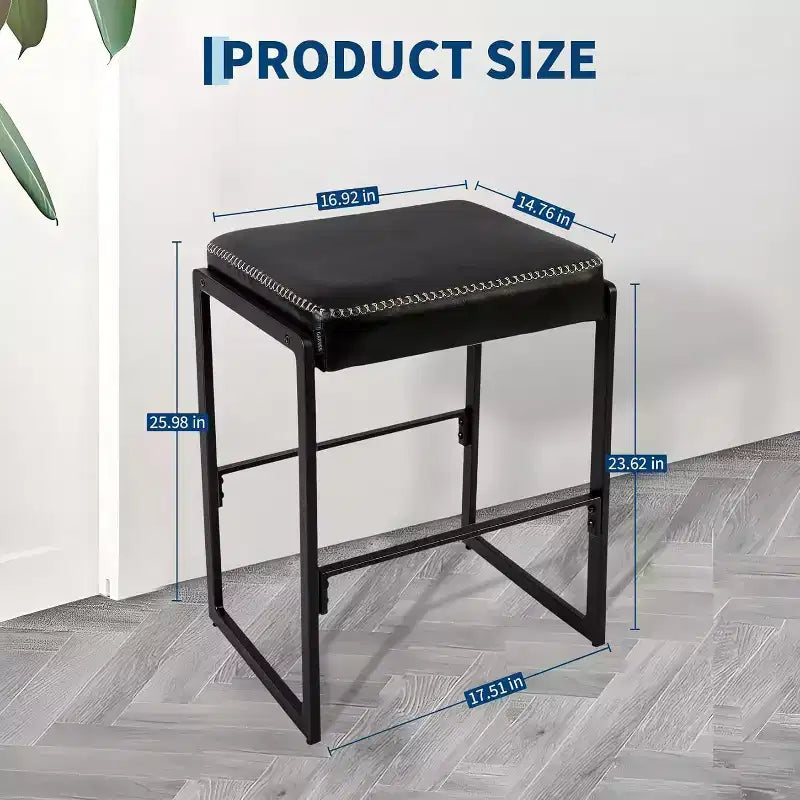 Tabouret de bar de 43 cm, chaise de hauteur de comptoir avec siège en cuir PU ciré et repose-pieds pour îlot de cuisine, couloir, entrée, coiffeuse, bout de canapé, noir