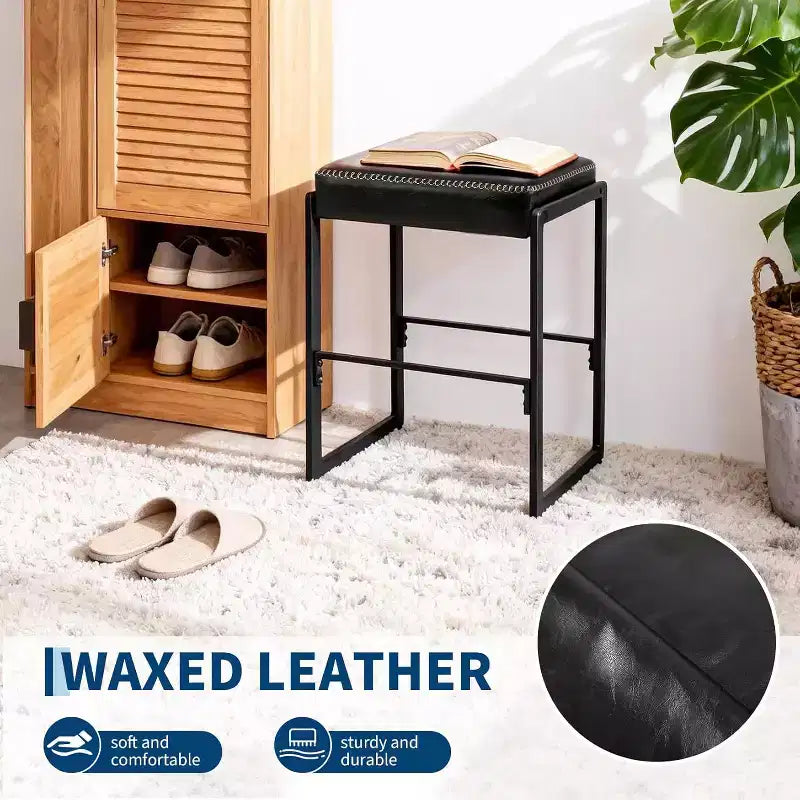 Tabouret de bar de 43 cm, chaise de hauteur de comptoir avec siège en cuir PU ciré et repose-pieds pour îlot de cuisine, couloir, entrée, coiffeuse, bout de canapé, noir