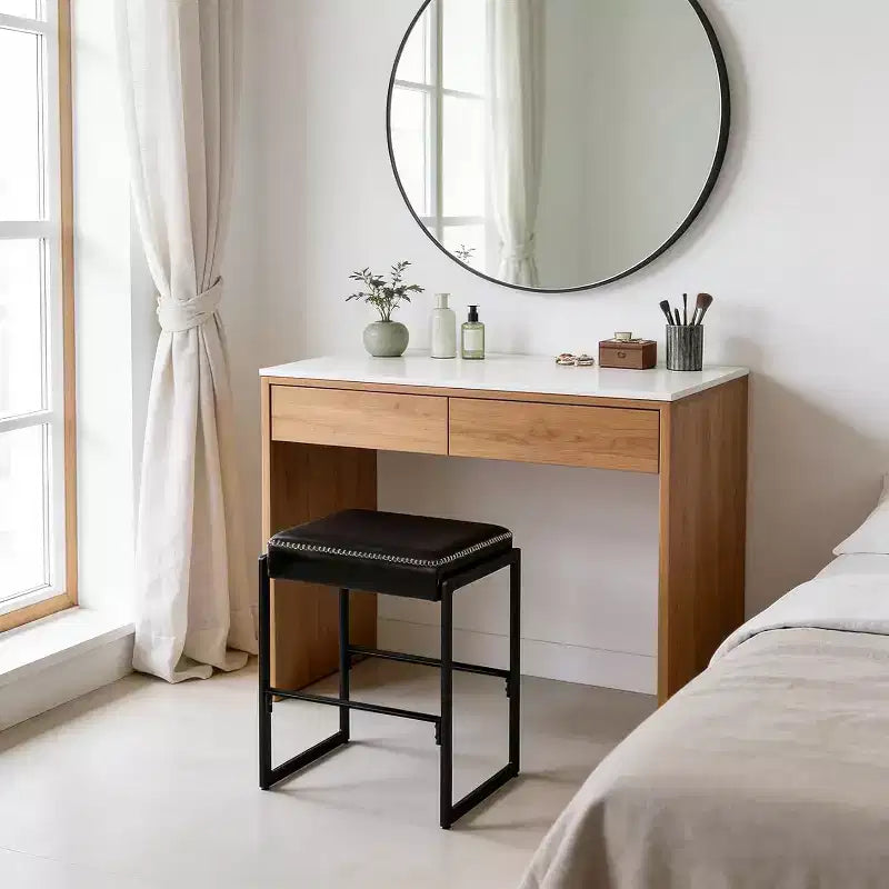 Tabouret de bar de 43 cm, chaise de hauteur de comptoir avec siège en cuir PU ciré et repose-pieds pour îlot de cuisine, couloir, entrée, coiffeuse, bout de canapé, noir
