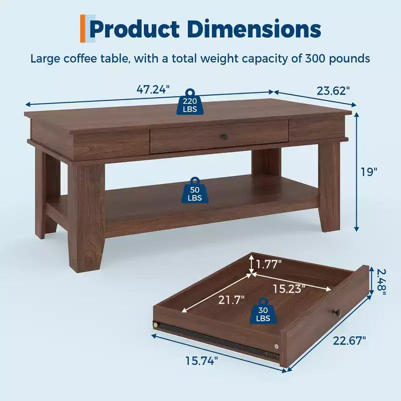 Table basse Garvee avec tiroir 120 cm, table de salon avec étagère ouverte, grande table de salon