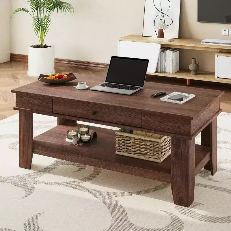 Table basse Garvee avec tiroir 120 cm, table de salon avec étagère ouverte, grande table de salon