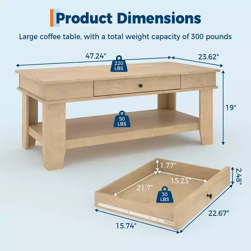 Table basse Garvee avec tiroir 120 cm, table de salon avec étagère ouverte, grande table de salon