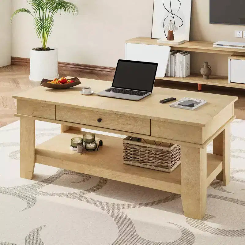 Table basse Garvee avec tiroir 120 cm, table de salon avec étagère ouverte, grande table de salon