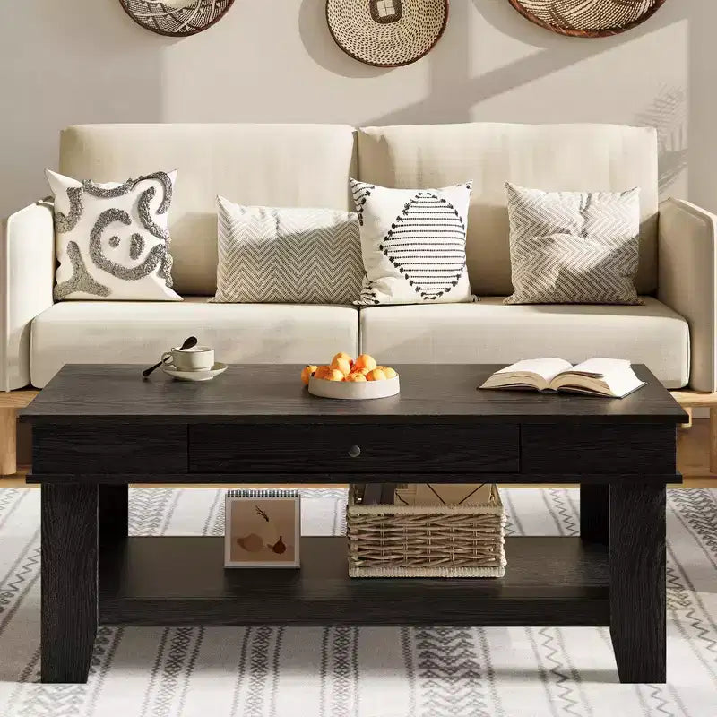 Table basse Garvee avec tiroir 120 cm, table de salon avec étagère ouverte, grande table de salon