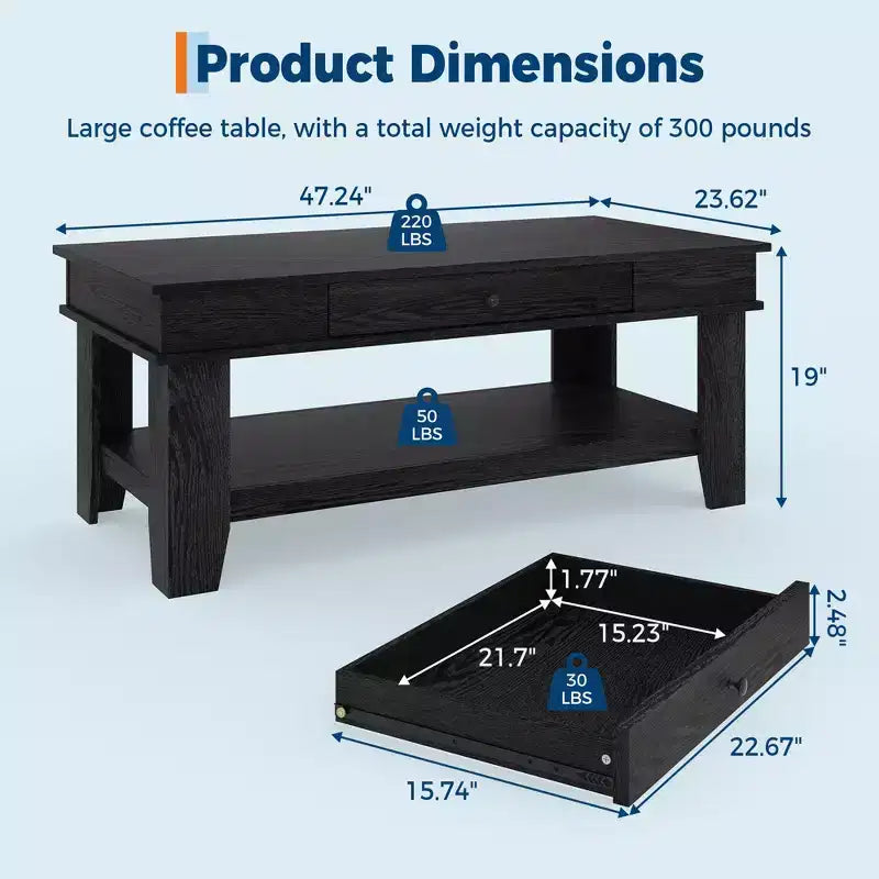 Table basse Garvee avec tiroir 120 cm, table de salon avec étagère ouverte, grande table de salon