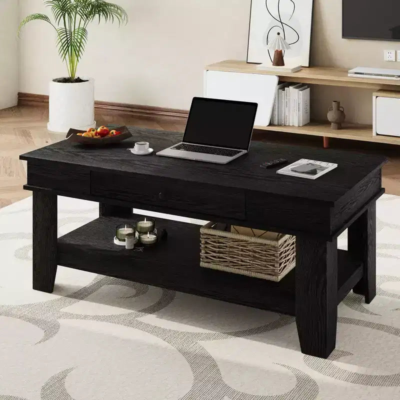 Table basse Garvee avec tiroir 120 cm, table de salon avec étagère ouverte, grande table de salon