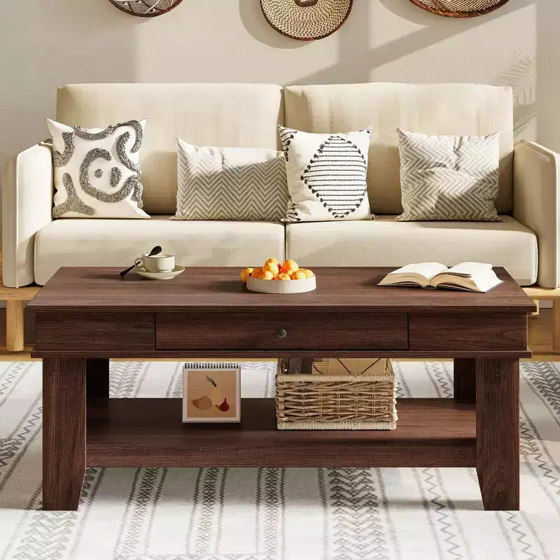 Table basse Garvee avec tiroir 120 cm, table de salon avec étagère ouverte, grande table de salon