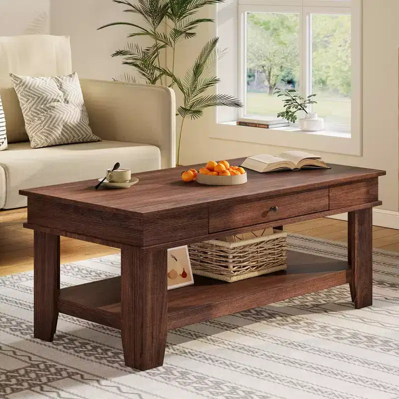 Table basse Garvee avec tiroir 120 cm, table de salon avec étagère ouverte, grande table de salon