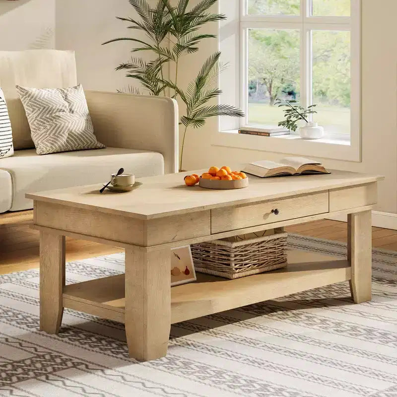 Table basse Garvee avec tiroir 120 cm, table de salon avec étagère ouverte, grande table de salon