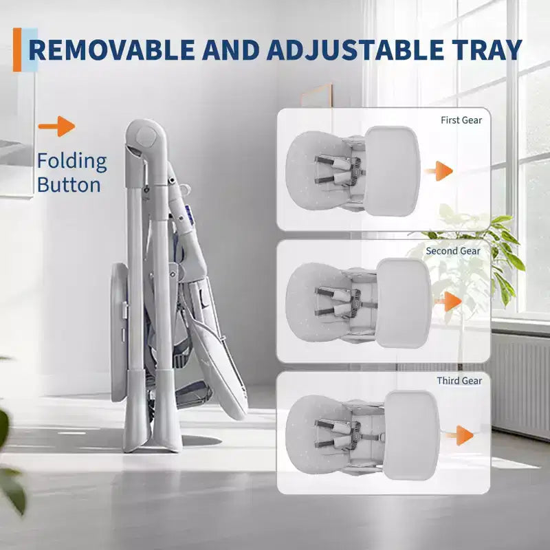 Chaise haute bébé, chaises d'alimentation pliables pour bébés et tout-petits, hauteur/dossier/repose-pieds réglables, plateau amovible