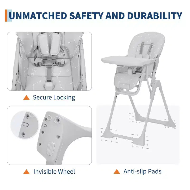Chaise haute bébé, chaises d'alimentation pliables pour bébés et tout-petits, hauteur/dossier/repose-pieds réglables, plateau amovible