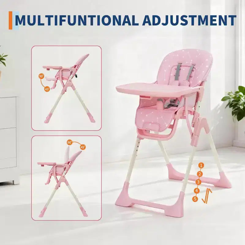 Chaise haute bébé, chaises d'alimentation pliables pour bébés et tout-petits, hauteur/dossier/repose-pieds réglables, plateau amovible