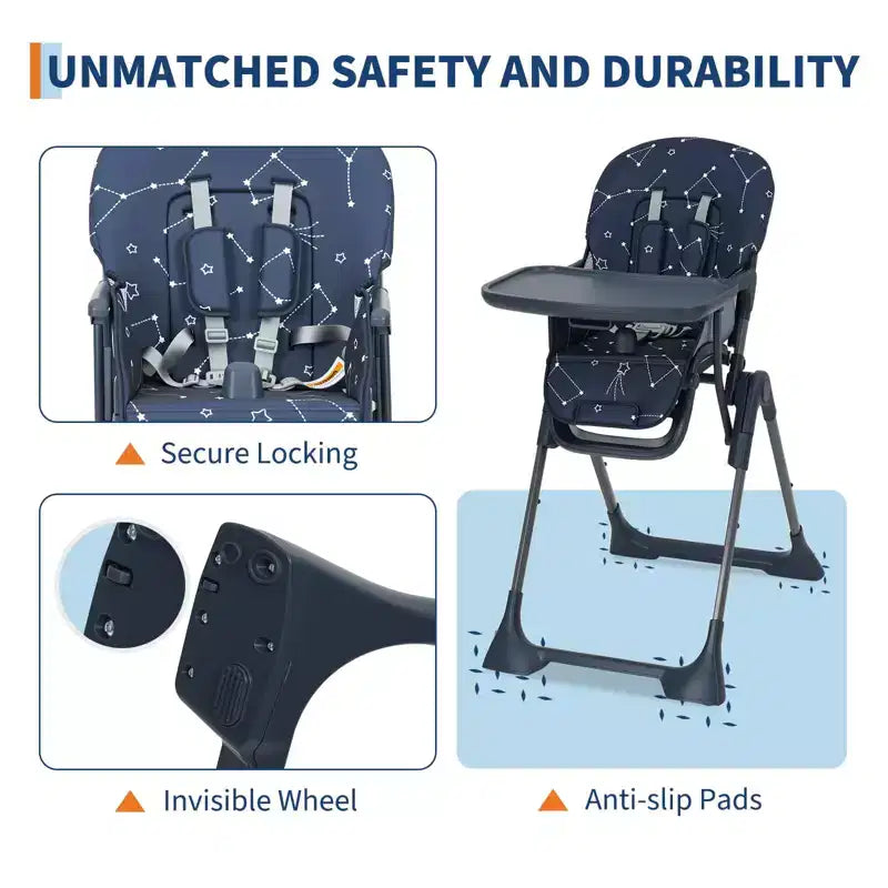 Chaise haute bébé, chaises d'alimentation pliables pour bébés et tout-petits, hauteur/dossier/repose-pieds réglables, plateau amovible