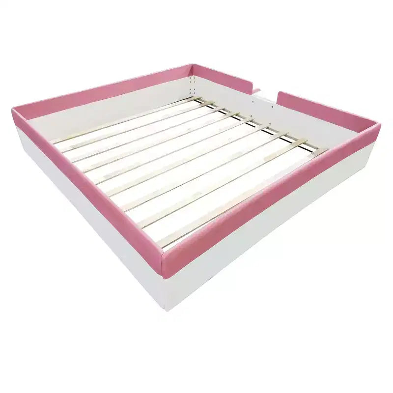 Luxystar Lit de Repos Rembourré en PU avec Barrière et Escalier, Rose+Blanc, Taille King
