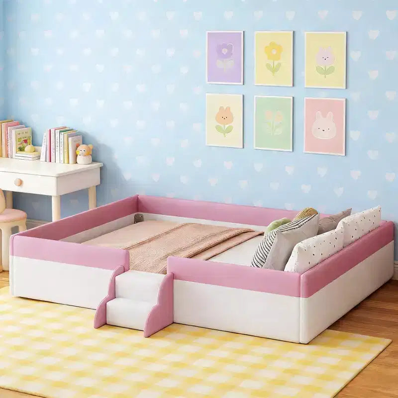 Luxystar King Size PU Upholstered Daybed Frame with Fence and Stairs, Pink+White