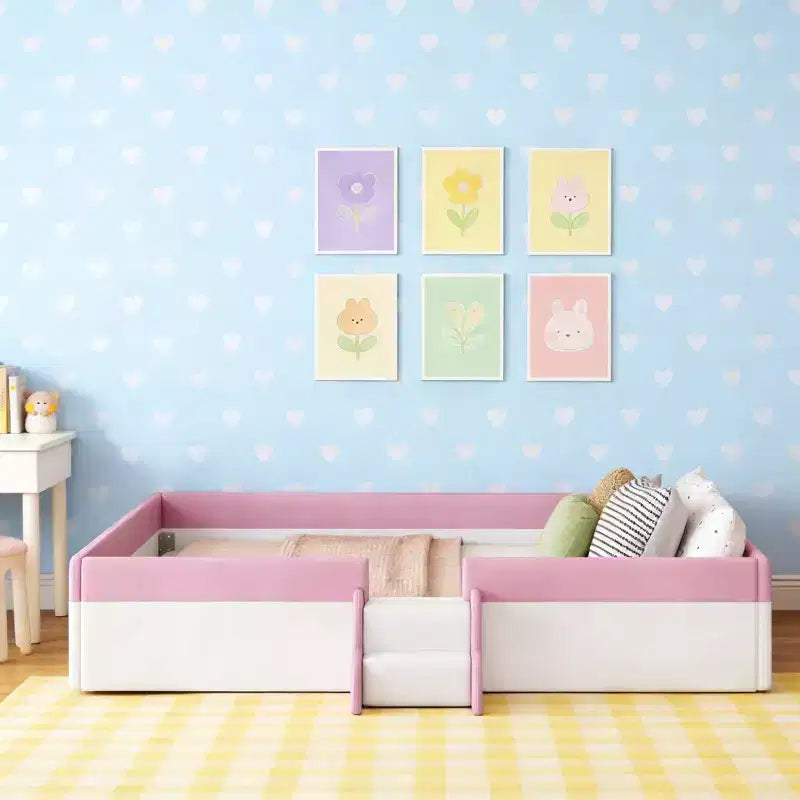 Luxystar Lit de Repos Rembourré en PU avec Barrière et Escalier, Rose+Blanc, Taille King