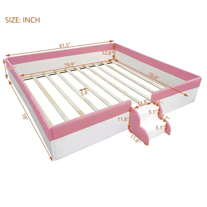 Luxystar Lit de Repos Rembourré en PU avec Barrière et Escalier, Rose+Blanc, Taille King