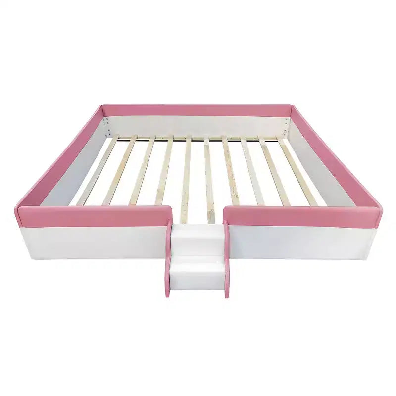 Luxystar Lit de Repos Rembourré en PU avec Barrière et Escalier, Rose+Blanc, Taille King