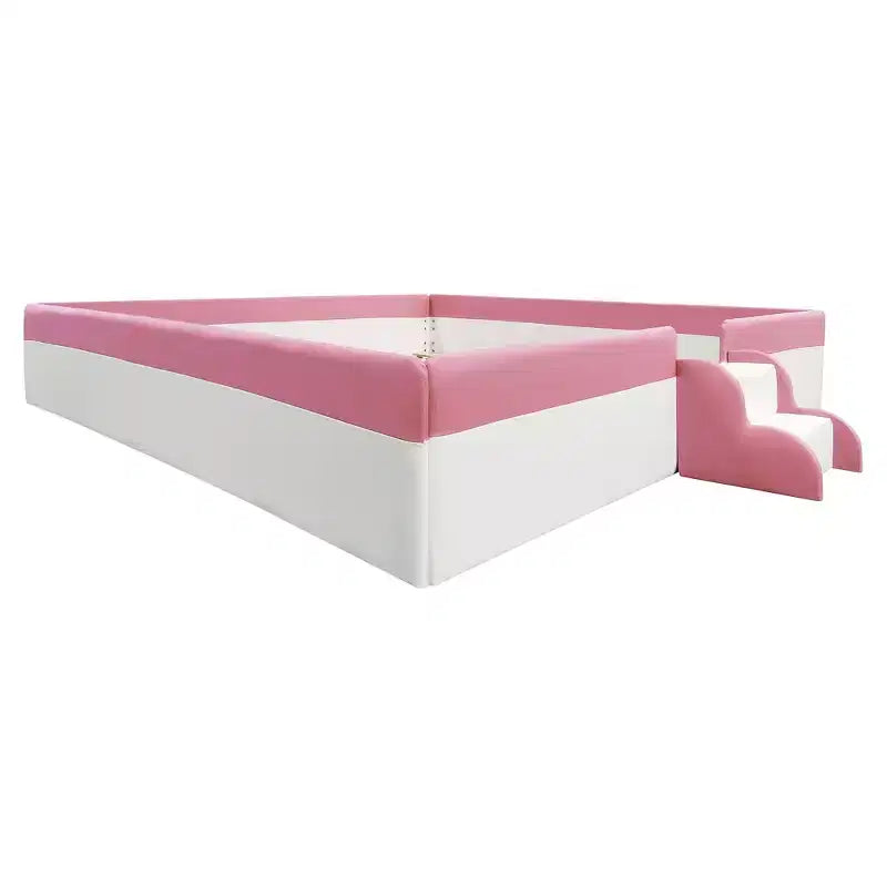 Luxystar Lit de Repos Rembourré en PU avec Barrière et Escalier, Rose+Blanc, Taille King