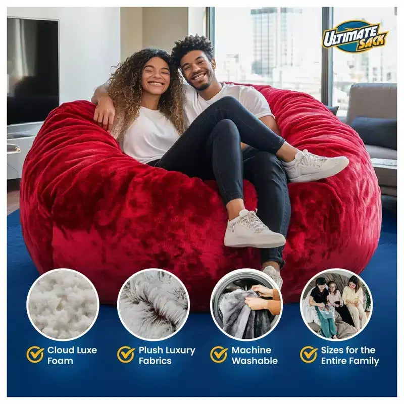 Pouf de luxe Ultimate Sack pour 2 personnes, causeuse confortable surdimensionnée d'intérieur, en fausse fourrure ivoire