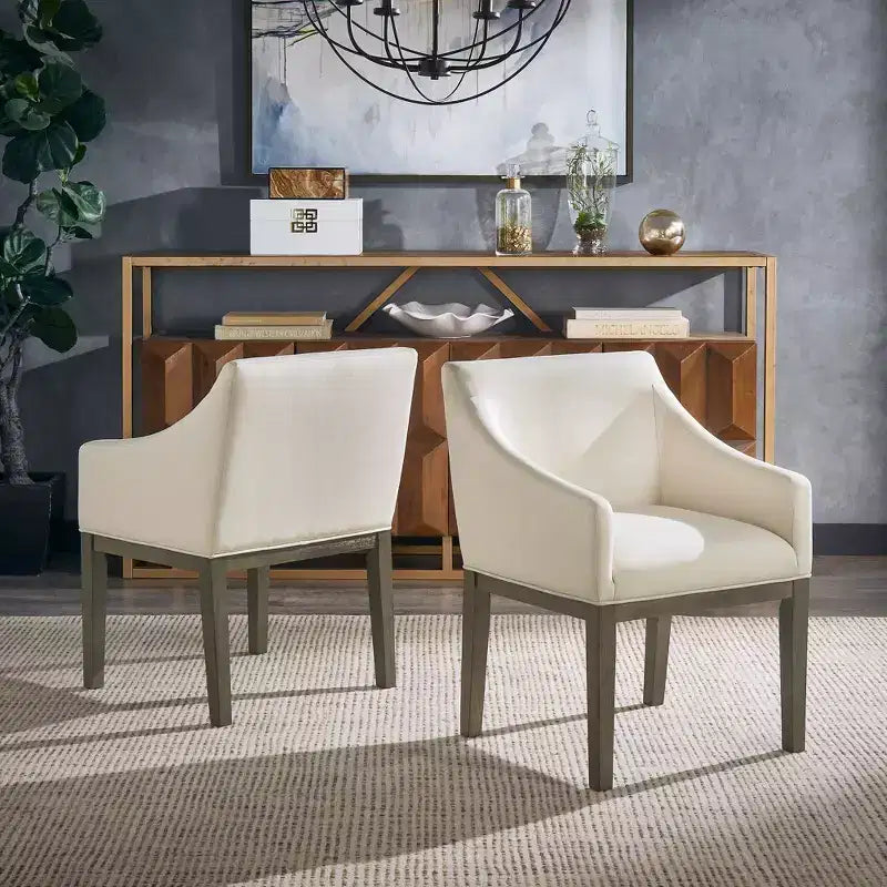 Chaise de salle à manger Bodo avec accoudoirs inclinés en tissu et finition gris patiné (Lot de 2) - Gris patiné/Beige - iNSPIREQ