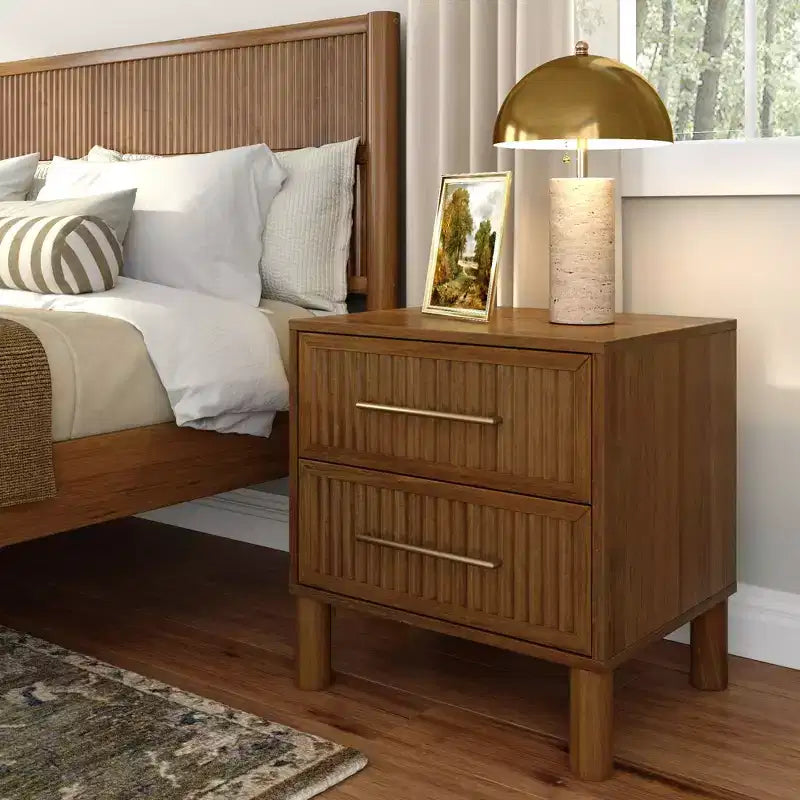 Sera Fluted 2 Drawer Nightstand with Brass Handle